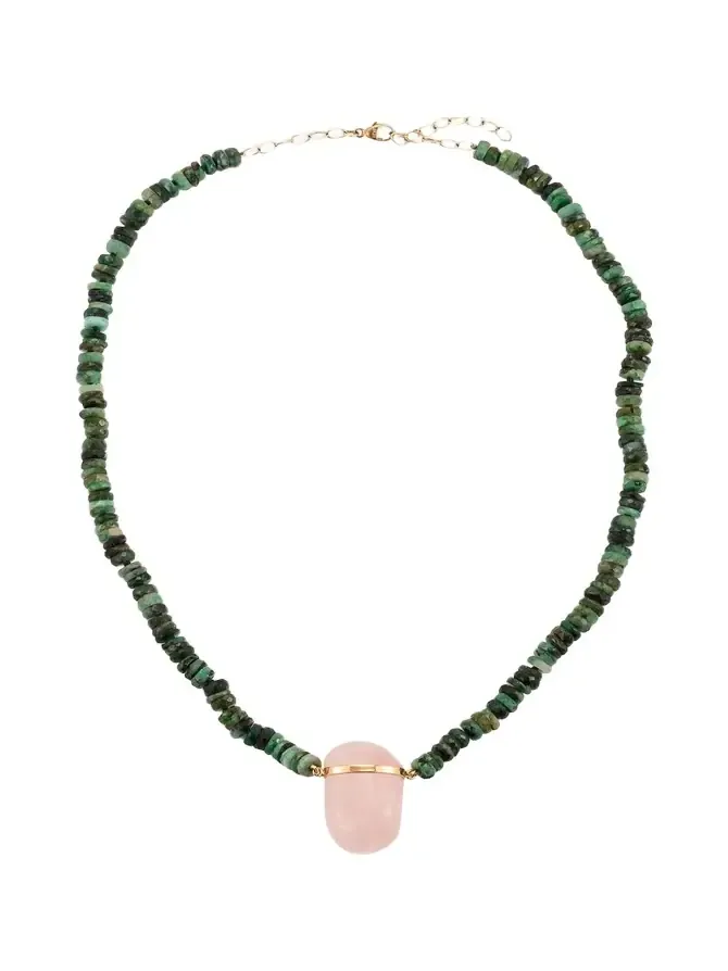 Rose Quartz Charm Necklace with Emeralds