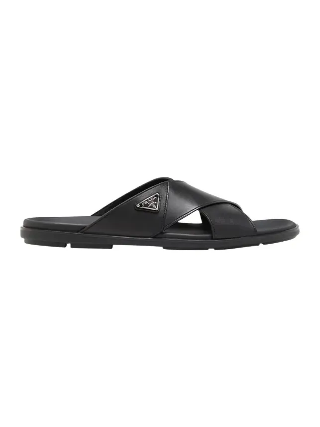 Prada Men's Leather Crisscross Slide Sandals