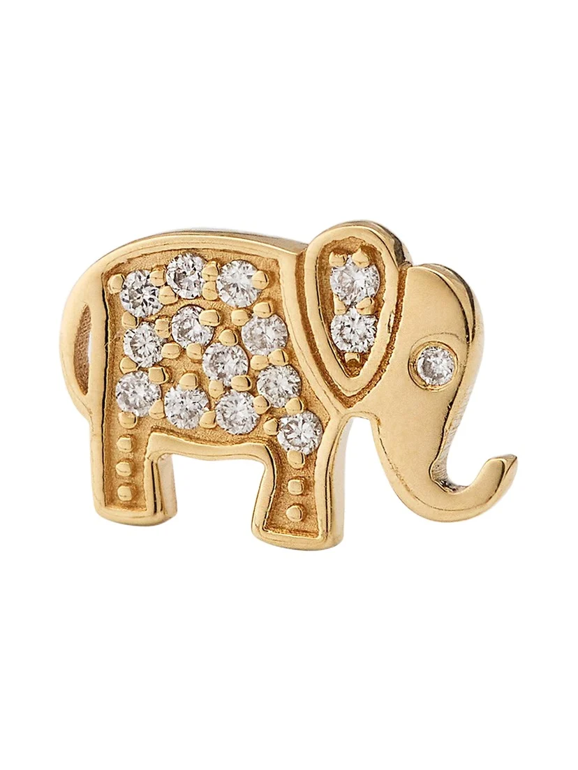 14k Yellow Gold Diamond Elephant Stud Earring, Single