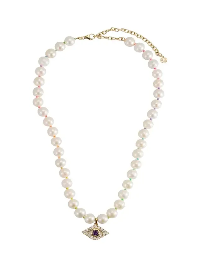 14K Gold Bezel Evil Eye Charm Freshwater Pearl Necklace