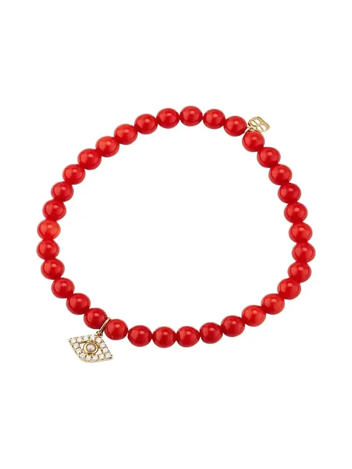 14K Large Evil Eye Charm on Peach Coral Bracelet 14K Large Evil Eye Charm on Peach Coral Bracelet