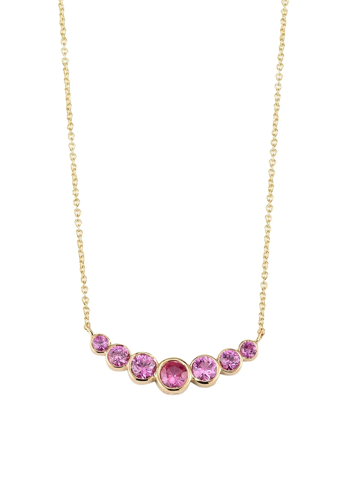 14K Graduated Bezel Curve Bar Necklace with Pink Sapphires