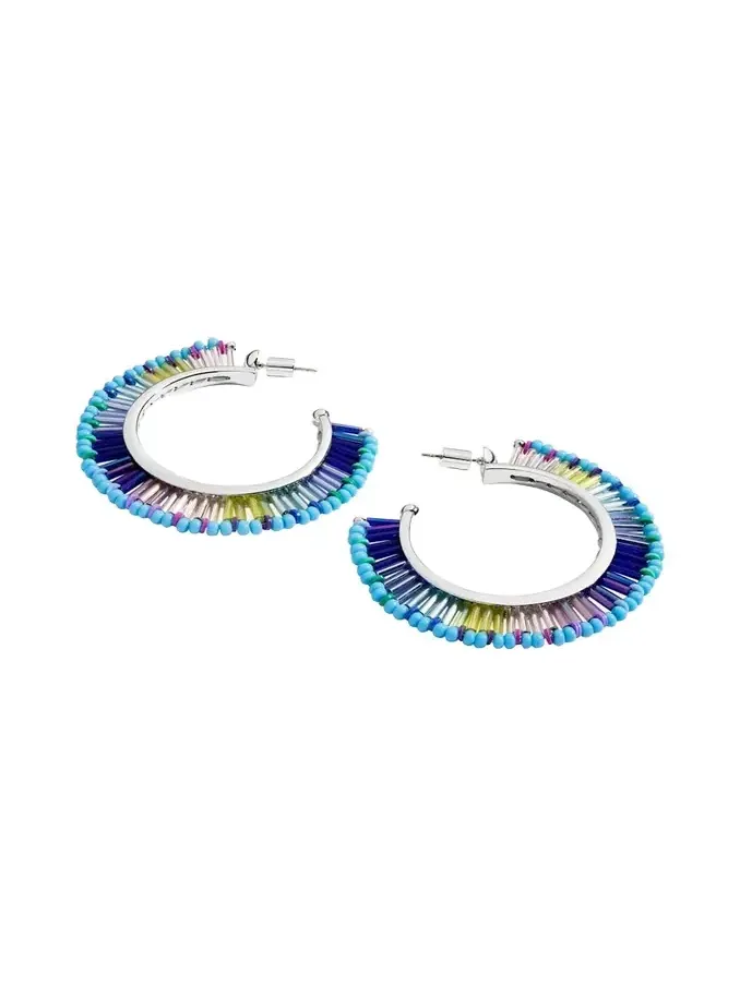 Elsie Frieda Beaded Fringe Hoop Earrings in Blue Dream