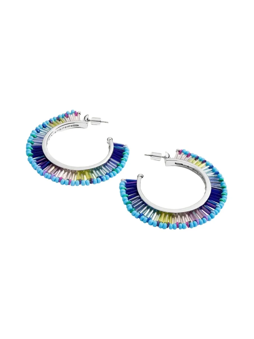 Elsie Frieda Beaded Fringe Hoop Earrings in Blue Dream