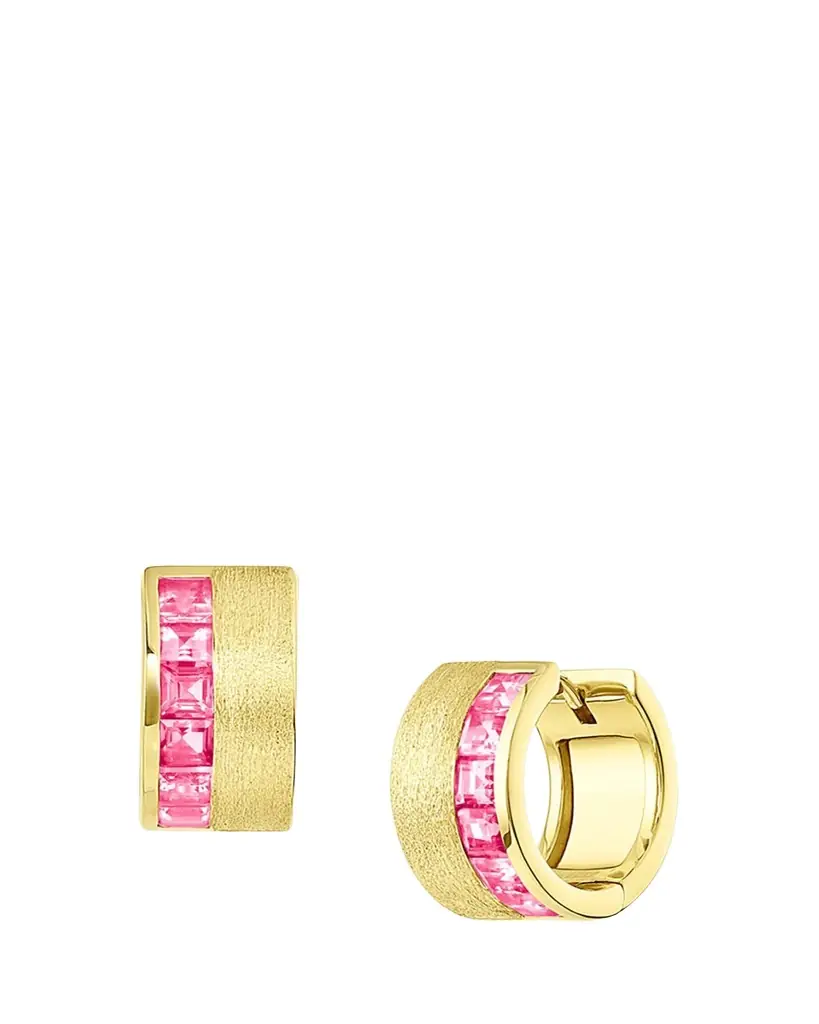 Jennifer DeMoro 18K Gold Pink Sapphire Wide Huggie Earrings | Image 1 Jennifer DeMoro 18K Gold Pink Sapphire Wide Huggie Earrings | Image 1