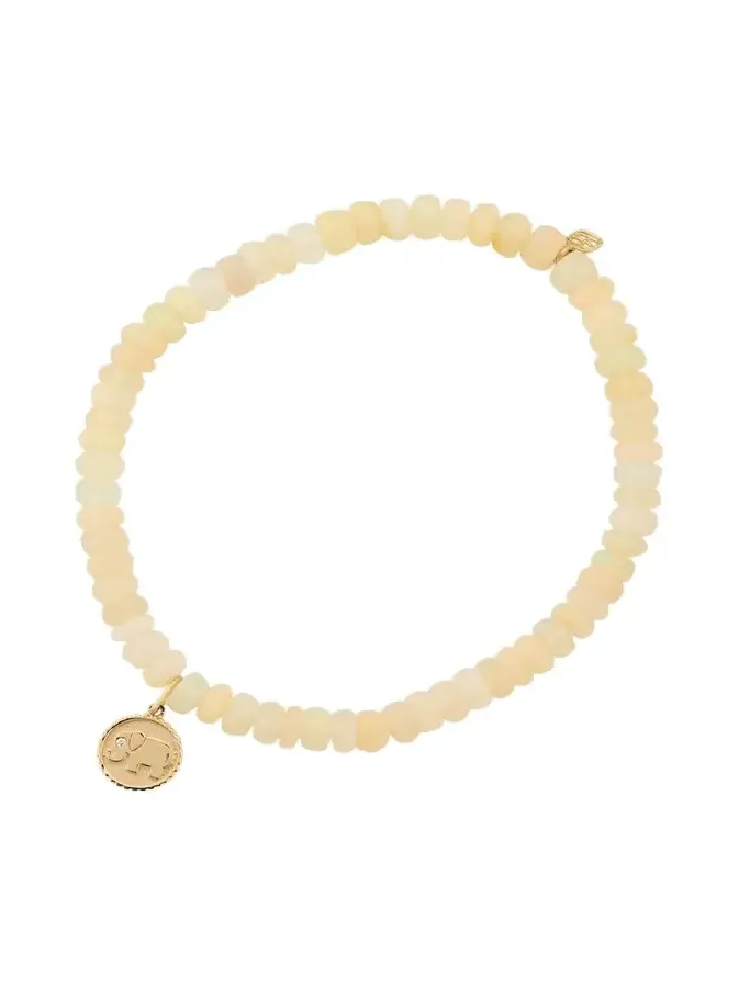 14K Yellow Gold Tiny Elephant Coin Charm on Opal Beaded Bracelet with One Diamond