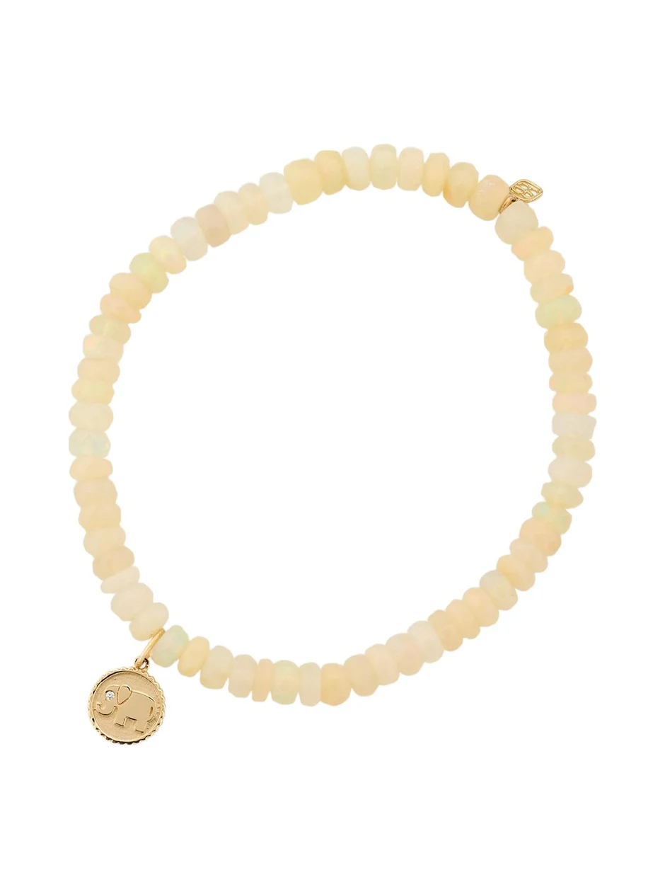 14K Yellow Gold Tiny Elephant Coin Charm on Opal Beaded Bracelet with One Diamond 14K Yellow Gold Tiny Elephant Coin Charm on Opal Beaded Bracelet with One Diamond