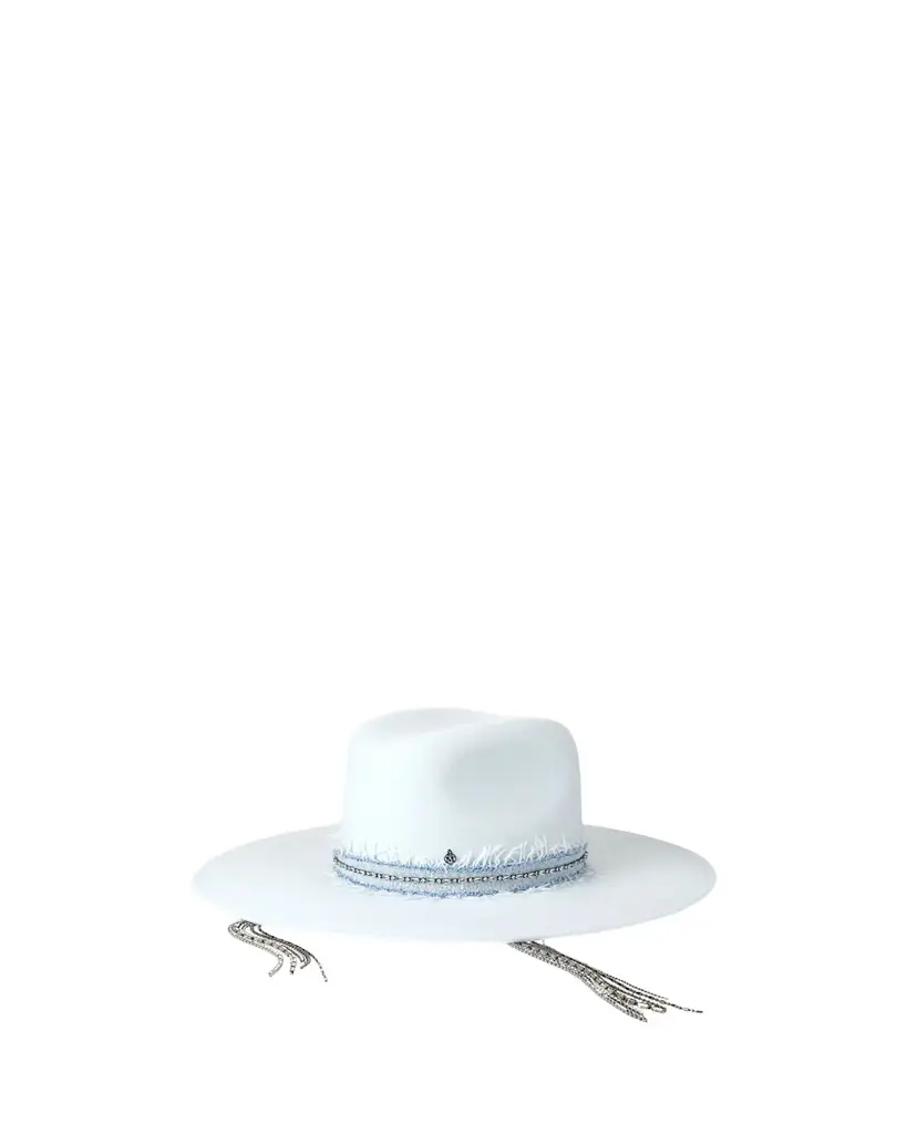 Maison Michel Eliza Fedora With Embellished Denim Band | Image 1 Maison Michel Eliza Fedora With Embellished Denim Band | Image 1