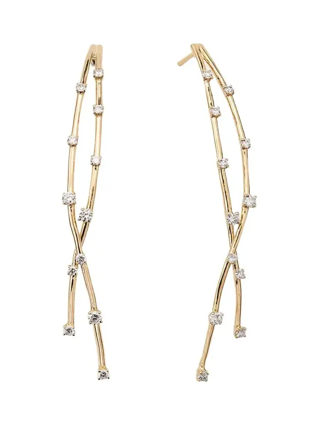 14K Yellow Gold Curved Crossover Solo Linear Diamond Earrings 14K Yellow Gold Curved Crossover Solo Linear Diamond Earrings