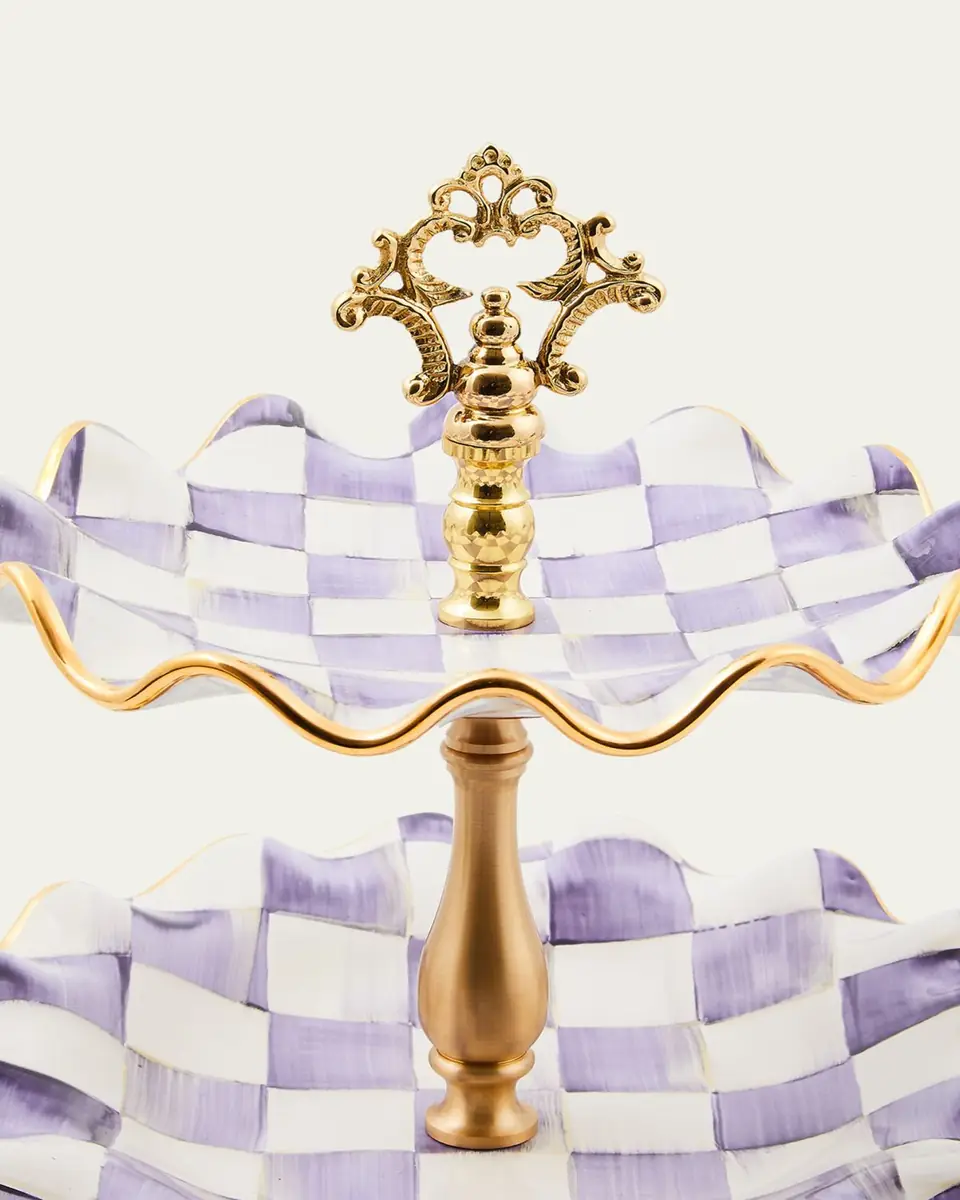 MacKenzie-Childs Violet Check Fluted Ceramic Three-Tier Sweet Stand | Thumbnail 2 MacKenzie-Childs Violet Check Fluted Ceramic Three-Tier Sweet Stand | Thumbnail 2