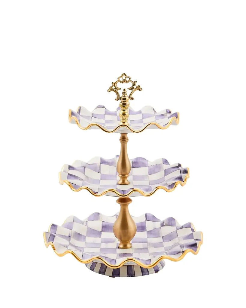 MacKenzie-Childs Violet Check Fluted Ceramic Three-Tier Sweet Stand