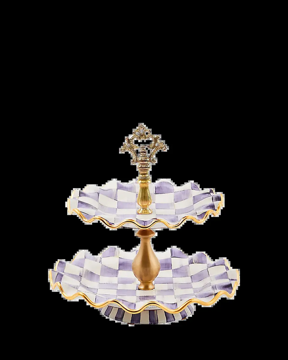 MacKenzie-Childs Violet Check Fluted Ceramic Two-Tier Sweet Stand | Thumbnail 2 MacKenzie-Childs Violet Check Fluted Ceramic Two-Tier Sweet Stand | Thumbnail 2