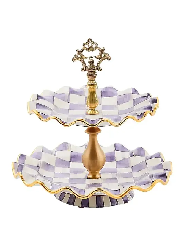 MacKenzie-Childs Violet Check Fluted Ceramic Two-Tier Sweet Stand