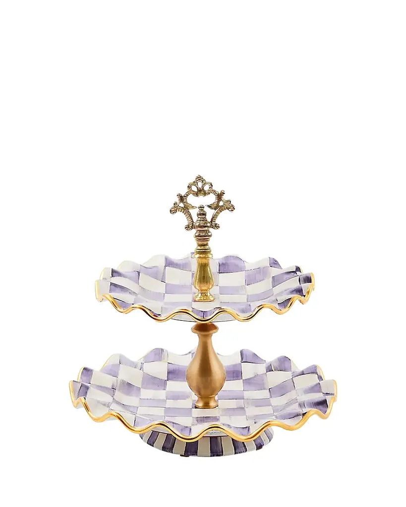 MacKenzie-Childs Violet Check Fluted Ceramic Two-Tier Sweet Stand