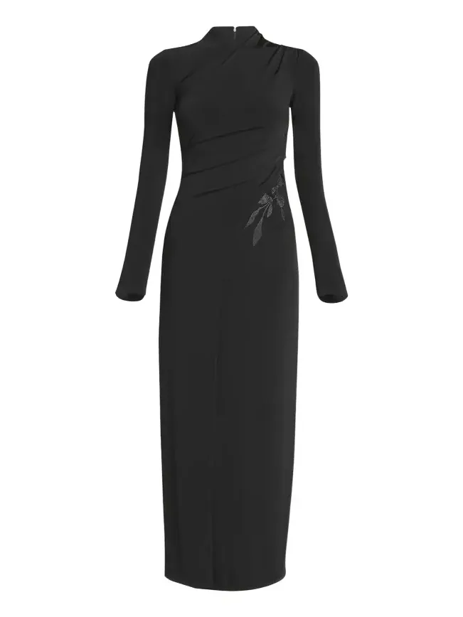 Jersey Column Gown with Beaded Floral Hip Detail Jersey Column Gown with Beaded Floral Hip Detail