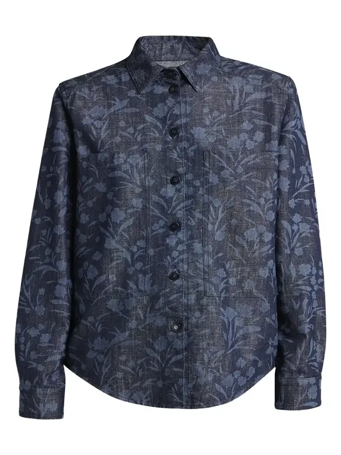 Giorgio Armani Shiny Denim Floral Print Button-Front Shirt