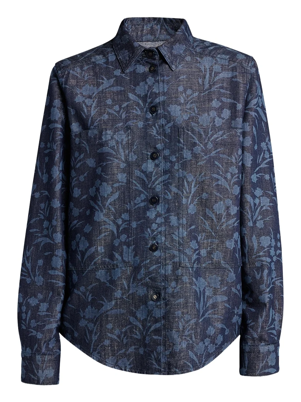 Giorgio Armani Shiny Denim Floral Print Button-Front Shirt