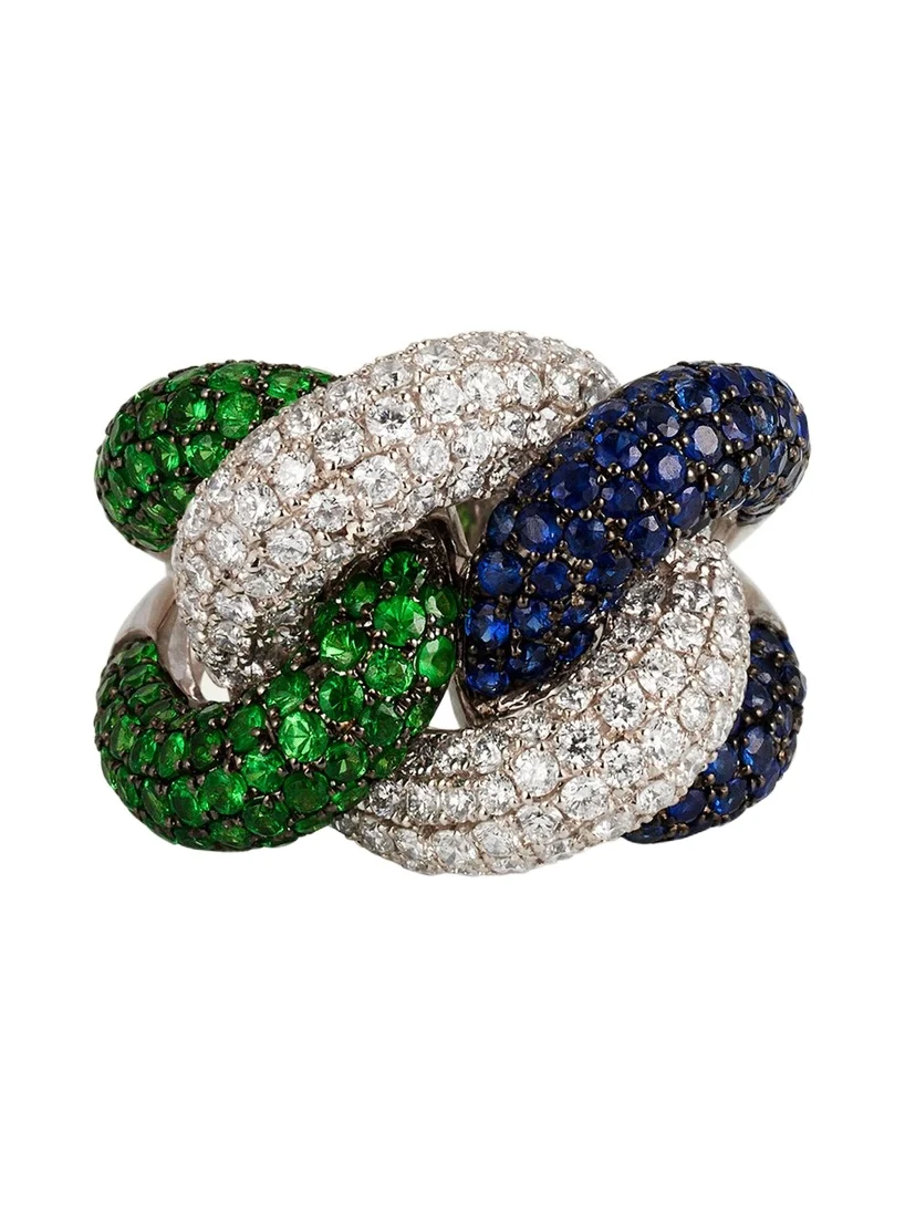 18K White Gold Rope Chain Ring with Sapphire, Garnet, and Diamonds 18K White Gold Rope Chain Ring with Sapphire, Garnet, and Diamonds
