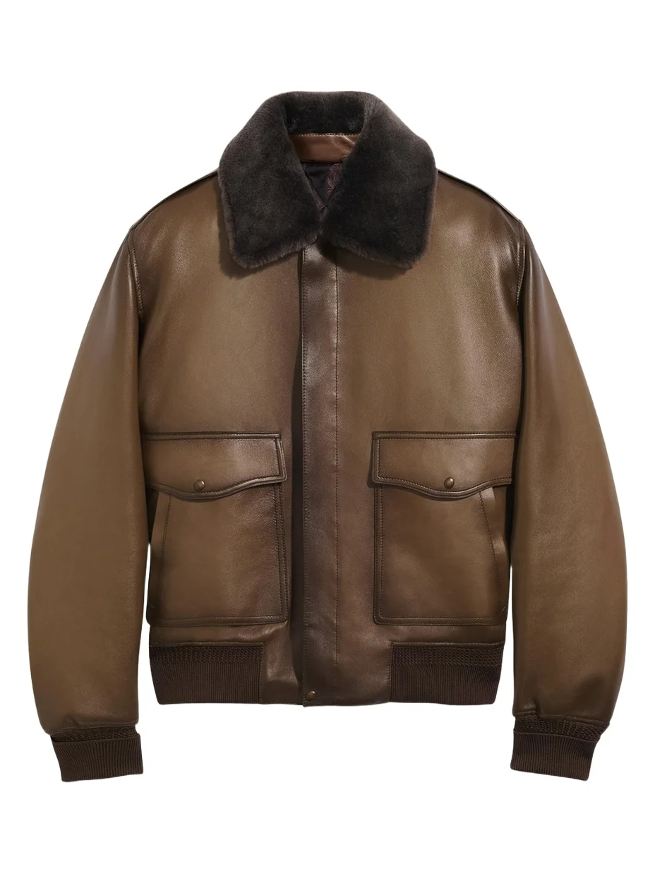 Men's Leather & Shearling Collar Bomber Jacket