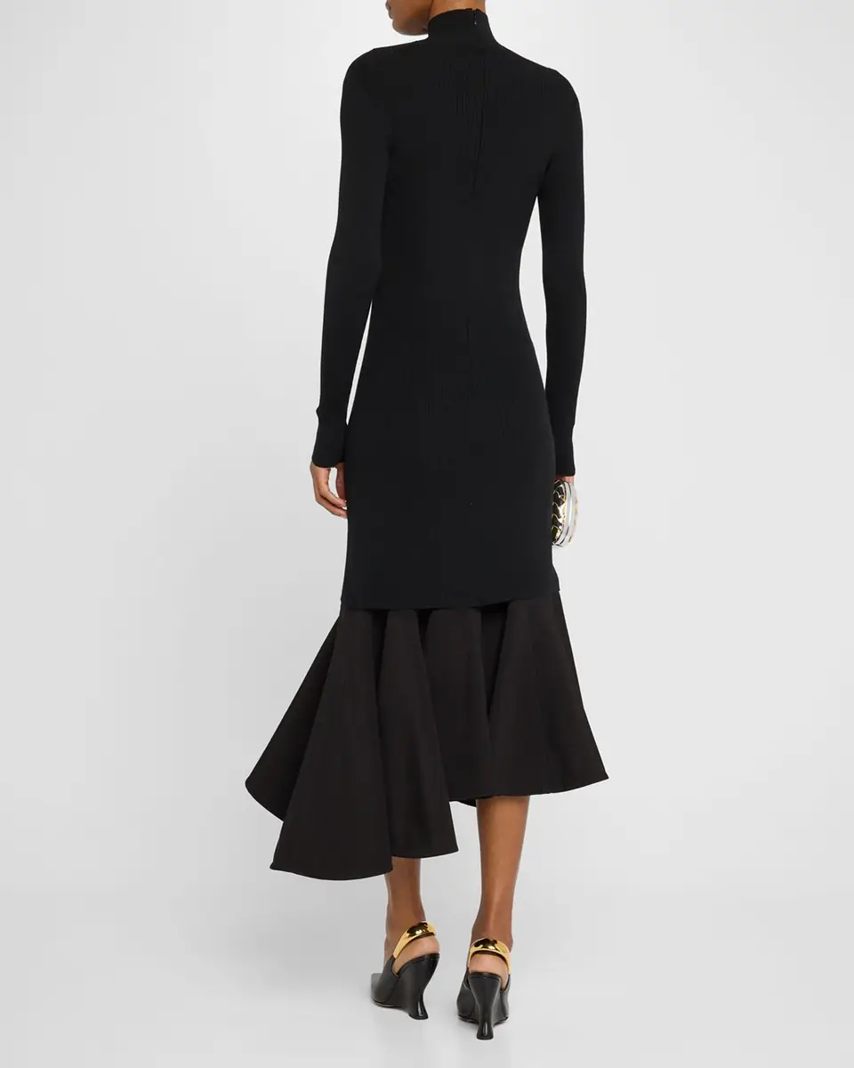 Bottega Veneta Asymmetric Mixed-Media Turtleneck Midi Dress | Thumbnail 2