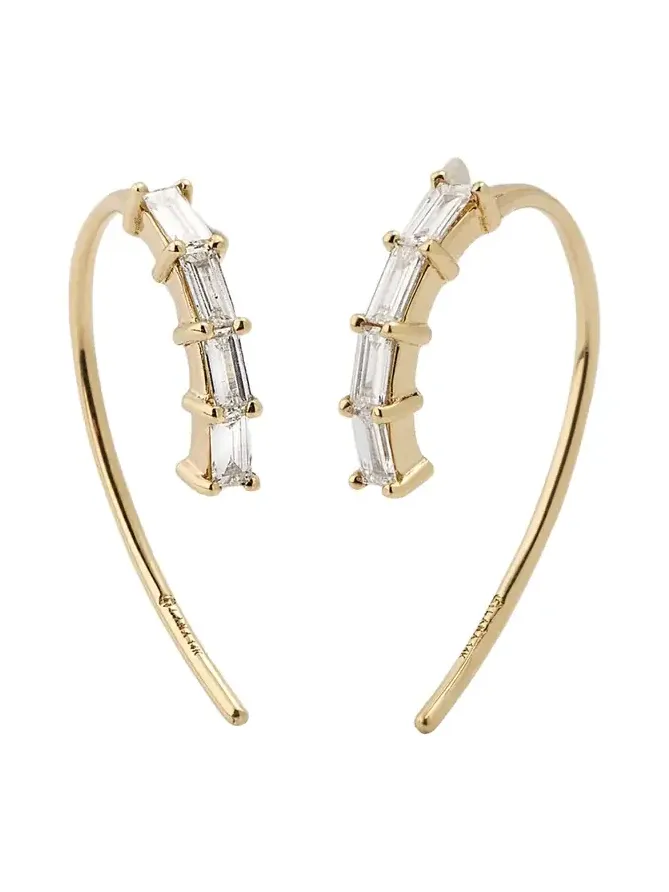 14K Yellow Gold Baguette Diamond Mini Hooked on Hoop Earrings