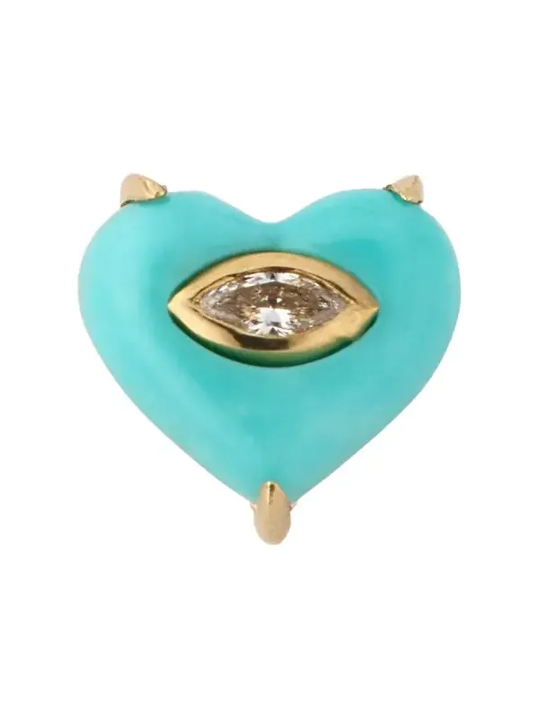 14K Yellow Gold Marquis Diamond and Turquoise Heart Earring, Single 14K Yellow Gold Marquis Diamond and Turquoise Heart Earring, Single