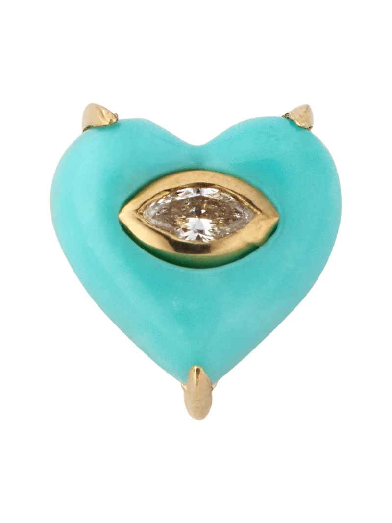 14K Yellow Gold Marquis Diamond and Turquoise Heart Earring, Single 14K Yellow Gold Marquis Diamond and Turquoise Heart Earring, Single