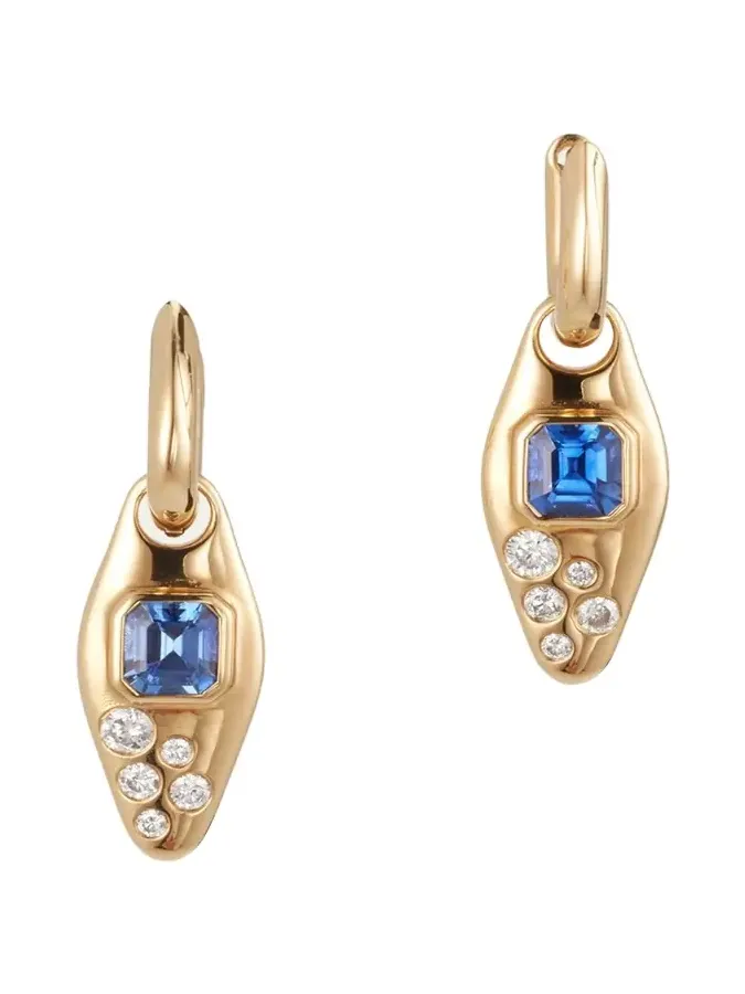 18K Yellow Gold Blue Sapphire And Diamond Vessel Huggie Earrings