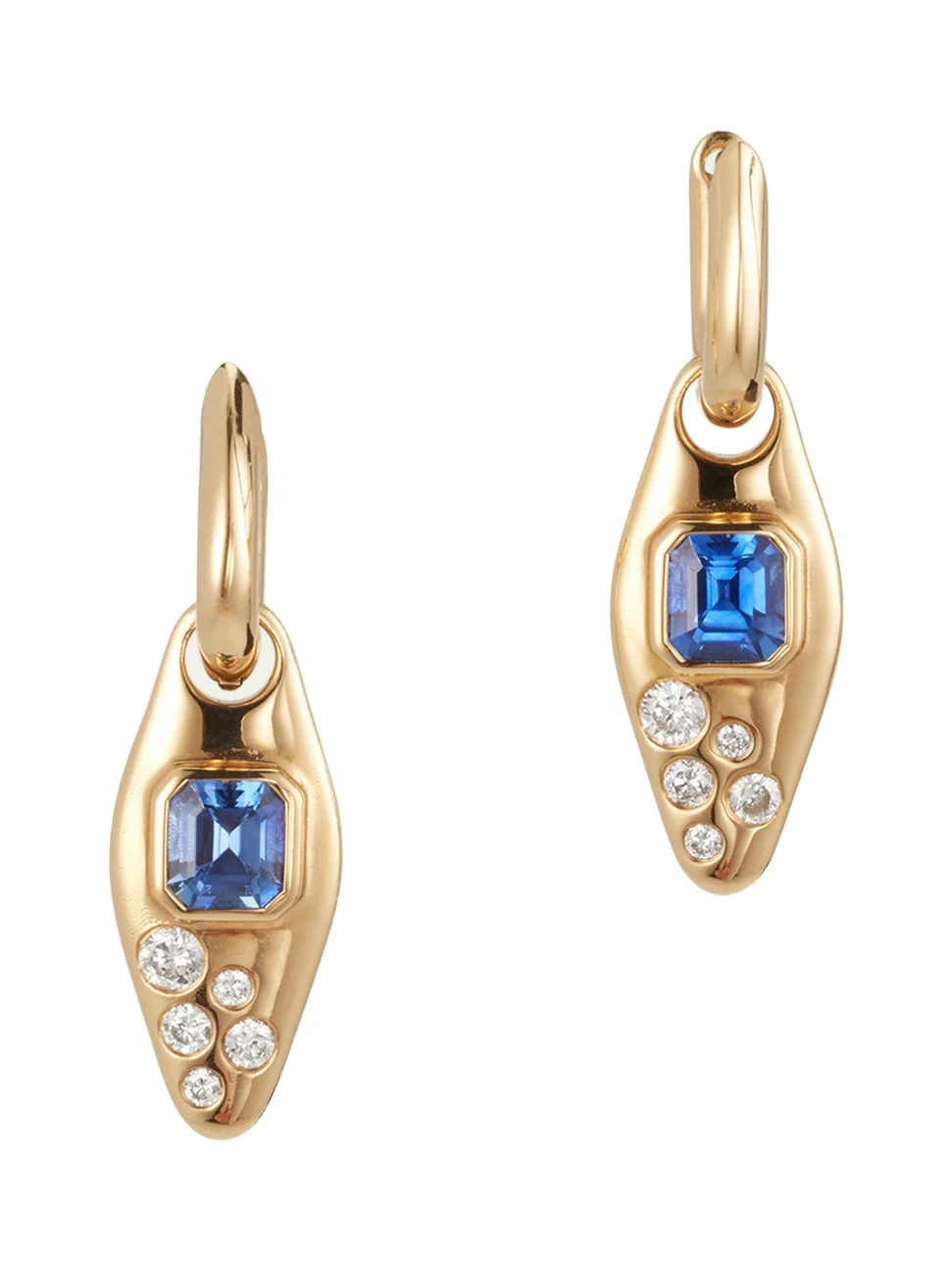 18K Yellow Gold Blue Sapphire And Diamond Vessel Huggie Earrings