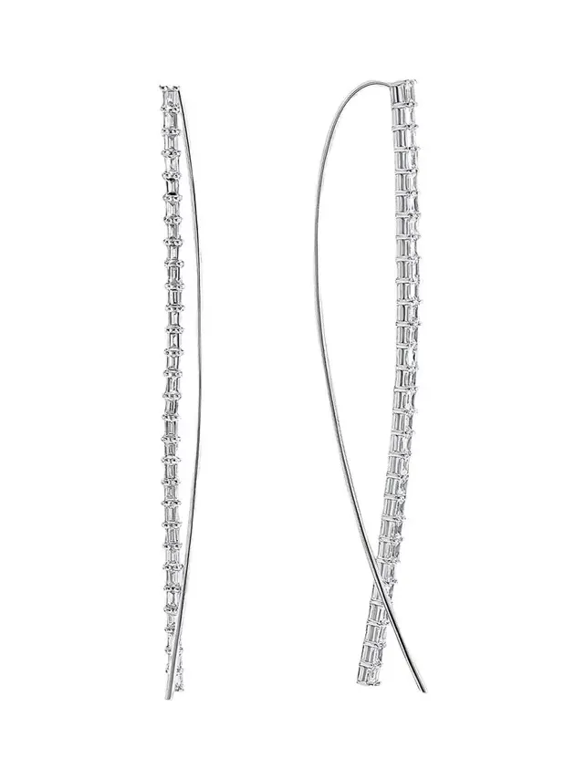 14K Gold Baguette Diamond Narrow Upside-Down Threader Hoop Earrings 14K Gold Baguette Diamond Narrow Upside-Down Threader Hoop Earrings