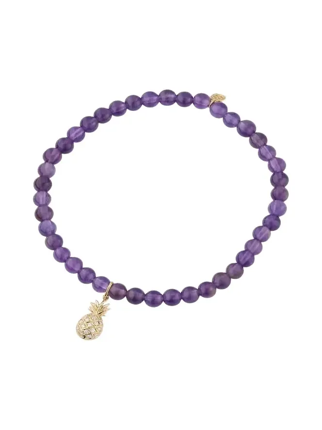 14K Yellow Gold Diamond Pineapple Charm and Amethyst Bead Bracelet