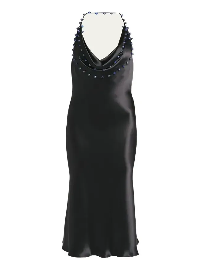 Beaded Halter Washed Fluid Shine Viscose Dress