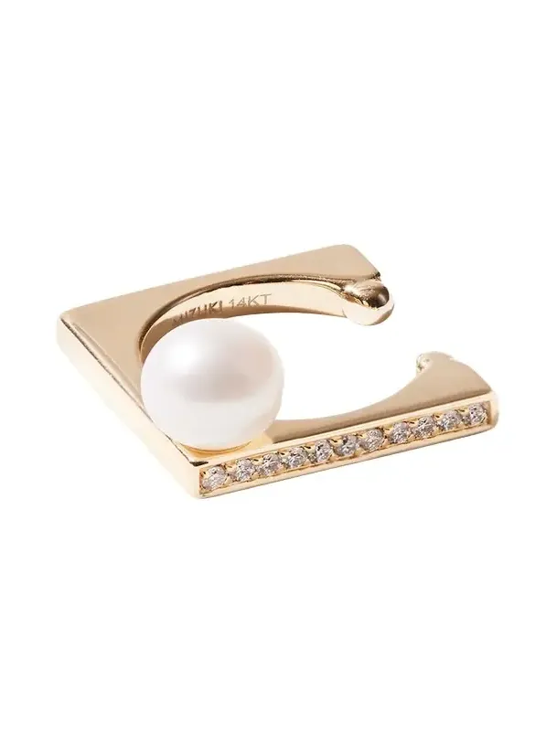 14K Yellow Gold 1 Row Diamond Cube Ear Cuff with Pearl, Single