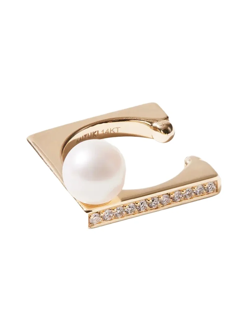 14K Yellow Gold 1 Row Diamond Cube Ear Cuff with Pearl, Single 14K Yellow Gold 1 Row Diamond Cube Ear Cuff with Pearl, Single
