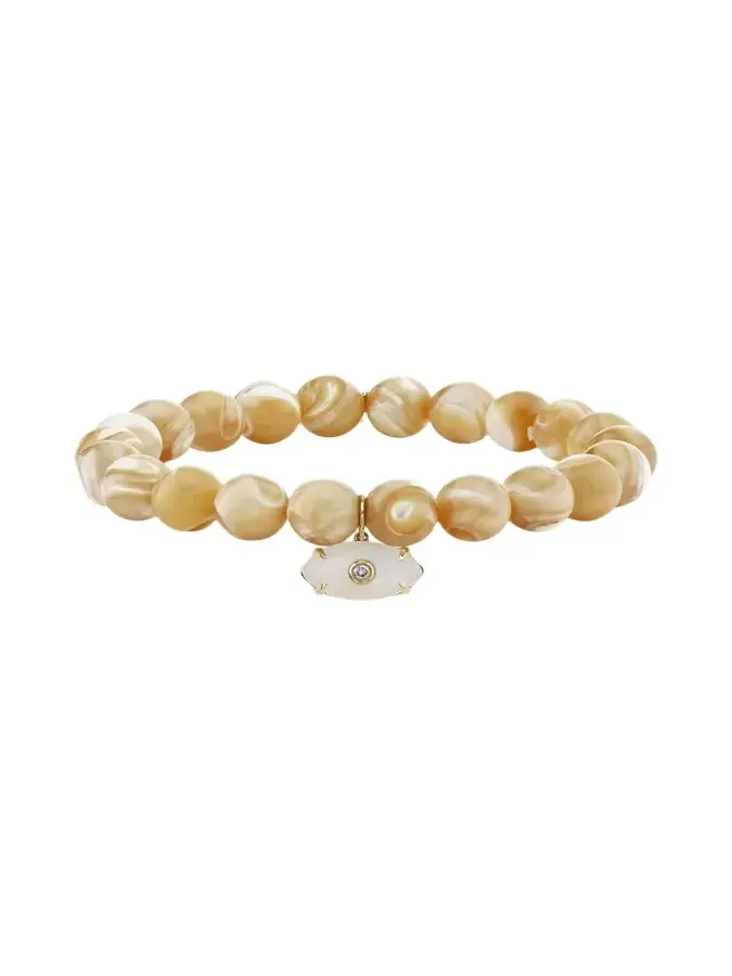 14K Yellow Gold Carved Stone Bezel Evil Eye Charm on Tan Bead Bracelet 14K Yellow Gold Carved Stone Bezel Evil Eye Charm on Tan Bead Bracelet