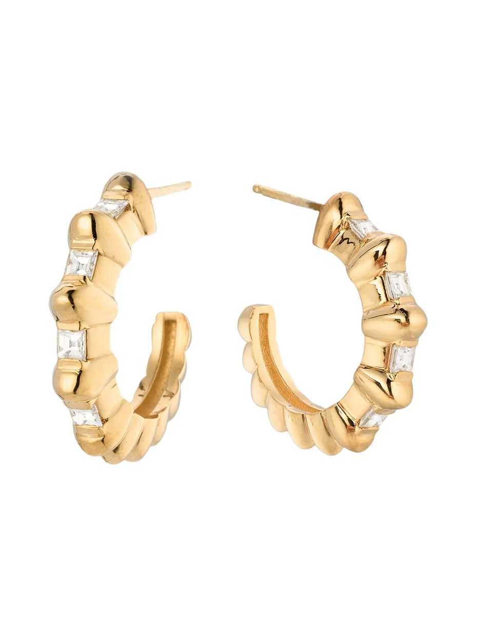 18K Yellow Gold Bubble Bar Single-Row Carre Diamond Hoop Earrings