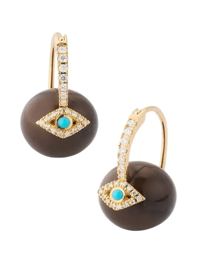 14K Yellow Gold Pave Diamond and Turquoise Evil Eye Bead Earrings