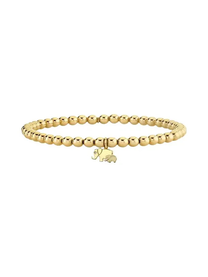 14K Yellow Gold Bead and Elephant Family Charm Bracelet