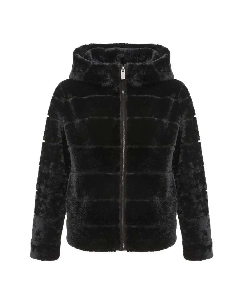 Gorski Horizontal Curly Shearling Lamb Zip Hooded Jacket | Image 1 Gorski Horizontal Curly Shearling Lamb Zip Hooded Jacket | Image 1