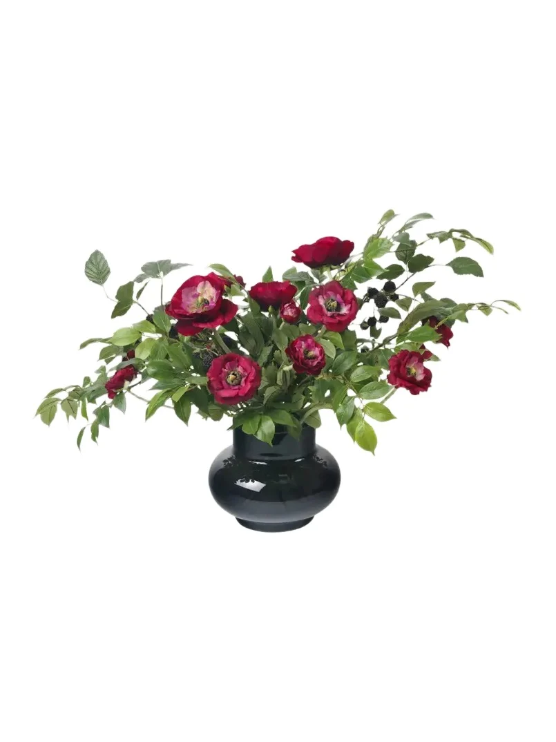 Diane James Blackberry Branches, Ranunculus, and Leaves 24" Faux Floral Arrangement in Black Glass Vase