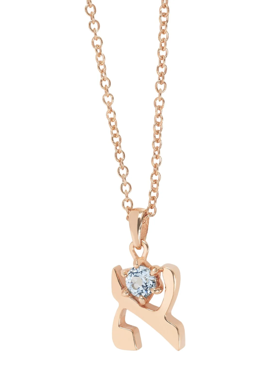 18K Gold Hebrew ALEF Aquamarine Initial Necklace, 18"L 18K Gold Hebrew ALEF Aquamarine Initial Necklace, 18"L