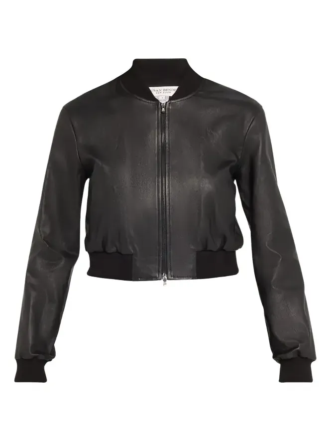 SUSAN BENDER Stretch Lambskin Leather Bomber Jacket