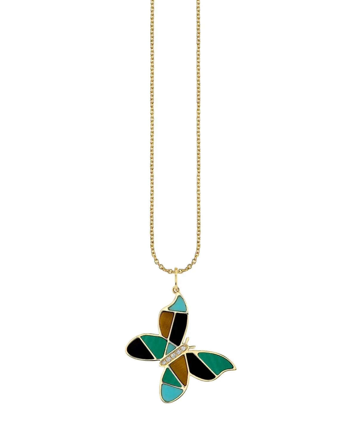 Sydney Evan Mosaic Gemstone Butterfly Pendant with Diamonds on Cable Chain Necklace