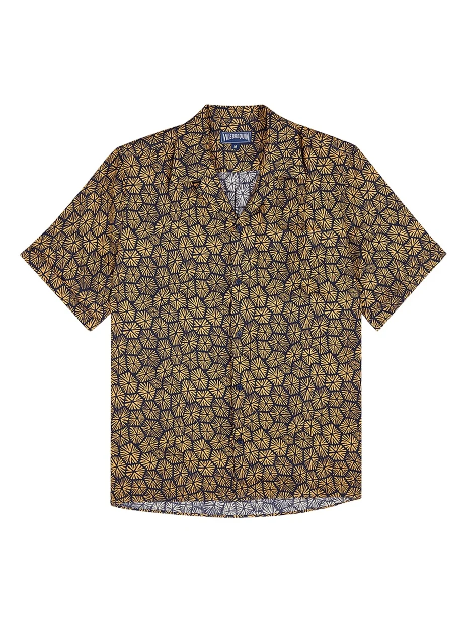 Men's Linen Flower-Print Camp Shirt