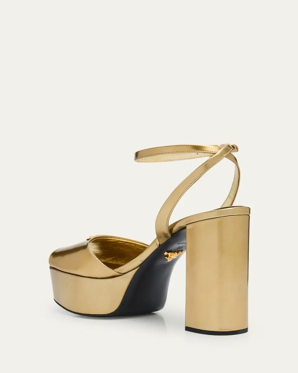 Prada Metallic Leather Ankle-Strap Platform Sandals | Thumbnail 9