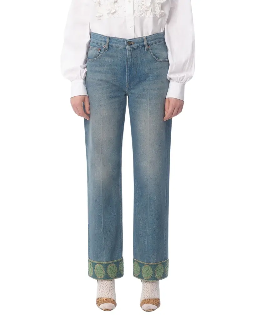 Valentino Garavani Embroidered Cuff Denim Pants | Image 1 Valentino Garavani Embroidered Cuff Denim Pants | Image 1
