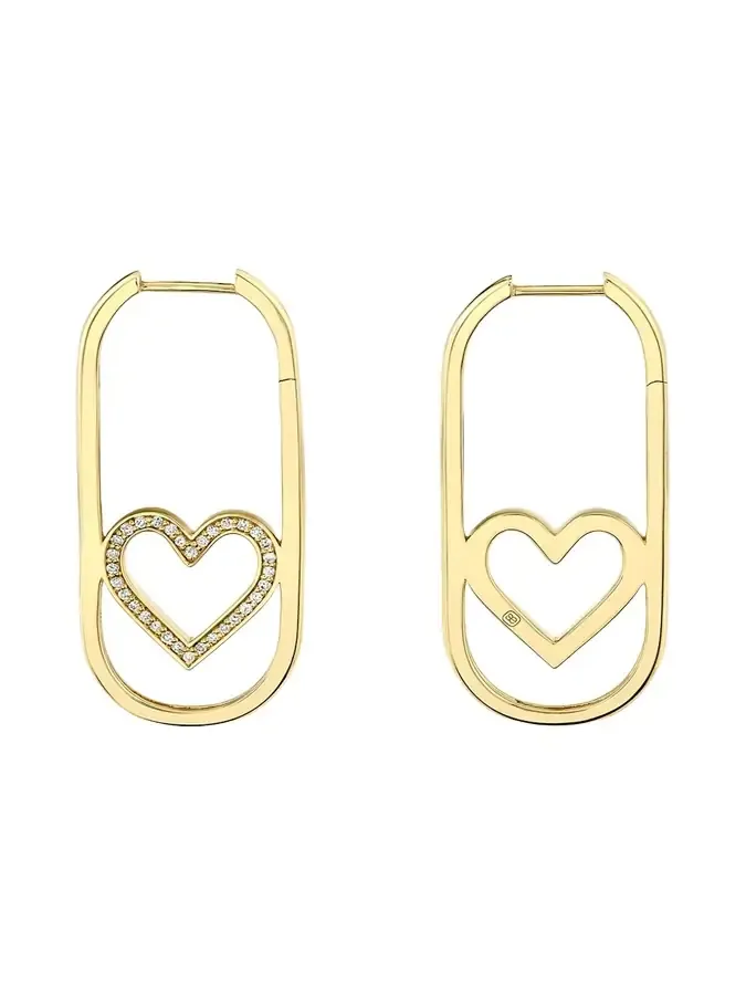 14K Yellow Gold Pave Open Heart Diamond Long Hoop Earrings