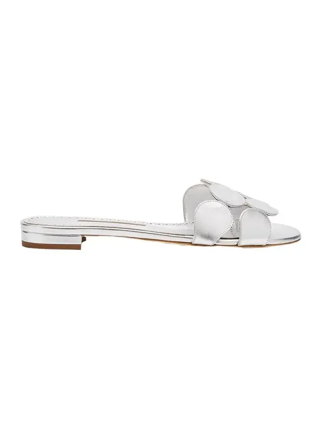 Manolo Blahnik Circle-Cut Metallic Flat Slide Sandals