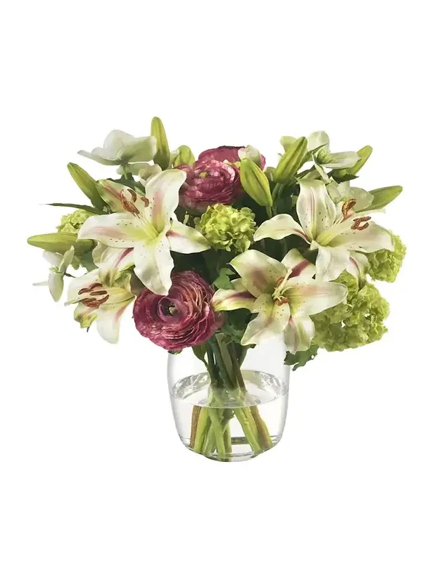 Diane James Lilies, Ranunculus, and Snowballs 16" Faux Floral Arrangement in Glass Vase