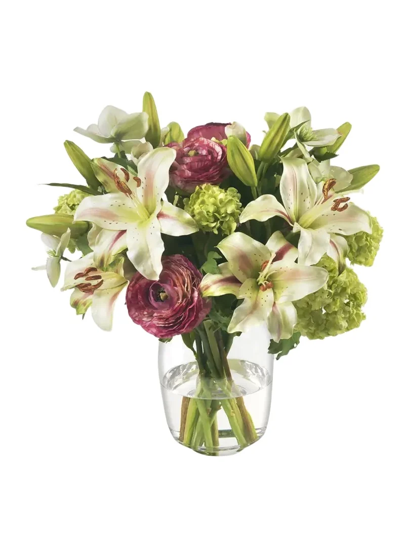 Diane James Lilies, Ranunculus, and Snowballs 16" Faux Floral Arrangement in Glass Vase